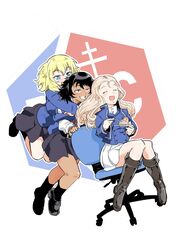  3girls :d andou_(girls_und_panzer) bc_freedom_(emblem) bc_freedom_military_uniform bc_freedom_school_uniform black_dress black_footwear black_hair black_socks blue_cardigan blue_jacket blue_vest boots brown_eyes cardigan chair commentary_request dark-skinned_female dark_skin dress dress_shirt eating emblem food girls_und_panzer grin half-closed_eyes high_collar highres holding holding_food holding_plate hug hug_from_behind jacket knee_boots loafers long_sleeves looking_to_the_side marie_(girls_und_panzer) medium_hair messy_hair military military_uniform miniskirt mont_blanc_(food) multiple_girls office_chair open_mouth oshida_(girls_und_panzer) partial_commentary pinafore_dress plate pleated_dress pleated_skirt pushing school_uniform shinkuukan_(tetsuo3) shirt shoes short_dress sitting skirt sleeveless sleeveless_dress smile socks standing sweater_around_neck swivel_chair uniform vest white_shirt white_skirt 