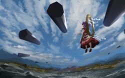  cloud cloudy_sky female floating from_behind full_body lake levitation looking_back mountain onbashira purple_hair red_eyes rope shimenawa short_hair skirt sky solo sunken_fossil_world touhou ushitsuchi yasaka_kanako 