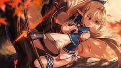  arrow_(projectile) bad_id bad_twitter_id black_gloves black_sash blonde_hair bow_(weapon) breasts cleavage closed_mouth dark-skinned_female dark_skin detached_sleeves female floating_hair gloves hair_intakes highres holding holding_bow_(weapon) holding_weapon hololive in_tree kotatiyu large_breasts long_hair long_sleeves multicolored_hair obi partially_fingerless_gloves pointy_ears ponytail red_eyes sash shiranui_flare shiranui_flare_(old_design) sidelocks solo streaked_hair thighhighs tree virtual_youtuber weapon white_thighhighs 