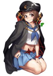  black_headwear black_jacket blue_neckerchief blue_skirt bob_cut bracelet brown_eyes brown_hair cinko collarbone commentary_request crop_top crop_top_overhang female full_body hand_on_own_thigh head_tilt high_collar highres jacket jacket_on_shoulders jewelry kill_la_kill leaf life_fiber looking_at_viewer mankanshoku_mako midriff mouth_hold navel neckerchief open_clothes open_jacket pleated_skirt school_uniform seiza serafuku short_hair simple_background sitting skirt smirk solo spiked_bracelet spikes stomach white_background 