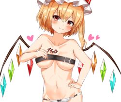  belt_bra blonde_hair blush bra bra_pull breasts clothes_pull crystal female flandre_scarlet groin hair_between_eyes hand_on_own_hip hand_up hat heart highres kiui_(dagk8254) looking_at_viewer medium_breasts medium_hair mob_cap navel o-ring o-ring_bottom o-ring_panties panties red_eyes side_ponytail simple_background smile solo touhou underwear underwear_only white_background white_panties wings 