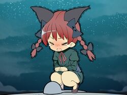  &gt;_&lt; animal_ears bare_legs blush braid cat_ears chibi closed_eyes cloud constipation female full-face_blush highres kaenbyou_rin light_particles moonlight night night_sky red_hair sky solo squat_toilet squatting touhou trembling twin_braids zuttokodomo 