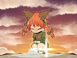  &gt;_&lt; animal_ears bare_legs braid cat_ears chibi closed_eyes cloud cloudy_sky constipation diffraction_spikes female highres kaenbyou_rin oerba_yun_fang orange_sky red_hair sky solo squat_toilet squatting sunset touhou trembling twilight twin_braids zuttokodomo 