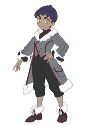  1boy alternate_costume black_pants bright_pupils buttons capri_pants closed_mouth coat commentary_request dark-skinned_male dark_skin full_body fur_trim grey_coat hand_on_own_hip highres hop_(pokemon) komame_(st_beans) long_sleeves male_focus pants pokemon pokemon_swsh protected_link purple_hair shirt shoes short_hair simple_background smile solo standing white_background white_pupils yellow_eyes 