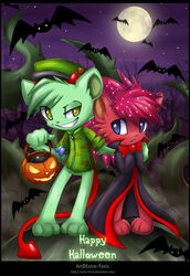  2011 anthro bat bear bomb bottomless bottomless_anthro bottomless_male clothed clothing costume digital_drawing_(artwork) digital_media_(artwork) dog_tags duo english_text explosives extra-fenix female flaky_(htf) flippy_(htf) fur green_body green_fur green_hair hair halloween halloween_costume happy_tree_friends hat headgear headwear hi_res holidays jack-o&#039;-lantern looking_at_viewer male mammal military_uniform moon night porcupine red_body red_fur red_hair rodent text uniform url 