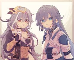  2girls black_jacket blue_eyes blue_jacket breasts bridal_gauntlets collarbone commentary_request fu_hua fu_hua_(azure_empyrea) fu_hua_(herrscher_of_sentience) fu_hua_(taixuan_impression) grey_hair hair_between_eyes hand_up highres honkai_(series) honkai_impact_3rd jacket konoquro long_hair multicolored_hair multiple_girls parted_lips red_eyes small_breasts smile streaked_hair very_long_hair white_hair 