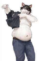  2021 anthro belly belly_folds belly_overhang belt black_hair bottomwear cettus clothing domestic_cat dressing fat_arms fat_neck felid feline felis fur hair hi_res love_handles male mammal moobs muffin_top natan_osorio_suarez navel overweight overweight_anthro overweight_male pants potbelly shirt simple_background solo standing stretch_marks tight_clothing topwear white_background white_body white_fur 