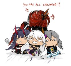  4girls :&lt; :| ahoge anger_vein angry blue_hair blunt_bangs bronya_zaychik bronya_zaychik_(herrscher_of_reason) chestnut_mouth chibi closed_mouth commentary crossed_arms crossed_bangs dragging drill_hair english_commentary english_text grey_hair hair_ornament highres holding holding_spatula honkai_(series) honkai_impact_3rd horns kiana_kaslana kiana_kaslana_(herrscher_of_the_void) long_hair meepmeep1412 multiple_girls murata_himeko murata_himeko_(vermillion_knight) oni_horns open_mouth raiden_mei raiden_mei_(herrscher_of_thunder) red_hair spatula very_long_hair wavy_mouth white_eyes white_hair 