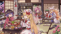  6+girls :3 :d :o =_= animal_ears animal_print beard bird bird_ears bird_print bird_wings blonde_hair blue_tabard blush blush_stickers boat_(tableware) bottle bow bowl bowl_hat bowtie bread_bun brown_eyes brown_hair capelet cat_ears chen cherry_blossoms chinese_commentary cloud commentary_request cup drawer dress drooling facial_hair fairy_wings fish_(food) fish_skeleton flower food fox_ears fox_tail frilled_sleeves frills fruit frying_pan fur-trimmed_dress fur-trimmed_sleeves fur_trim gap_(touhou) garlic gohei green_headwear green_tea grilled_fish hair_flower hair_ornament hairbow hakurei_reimu hand_fan hat highres holding holding_bowl hotpot indoors izakaya japanese_clothes kettle kimono kitsune kotatsu kyuubi lettuce lily_white liquid long_hair long_sleeves looking_at_another miracle_mallet mob_cap mochi multiple_girls multiple_tails mystia_lorelei nabe needle nekomata nero_augustus noodles notice_lines obi orange_(fruit) orange_slice pantyhose petals petticoat pillow pink_flower pink_hair pink_kimono pink_rose plate poster_(object) pudding puff_of_air puffy_long_sleeves puffy_sleeves purple_hair red_bow red_eyes red_ribbon red_skirt red_vest ribbon rose sash sashimi_funamori seiza shirt short_hair shrimp shrimp_tempura sitting skewer skirt skirt_set sky smile soba socks sparrow spill star_(sky) starry_sky stone_lantern sukuna_shinmyoumaru sushi sweatdrop tabard table tail tatami tea teapot tempura tofu tokkuri touhou touhou_mystia&#039;s_izakaya tree twitter_username two_tails vase vest waist_bow white_capelet white_dress white_headwear white_legwear white_shirt wide_sleeves window wings yakumo_ran yakumo_yukari yellow_eyes 