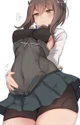  3girls arm_behind_back bike_shorts bloated blush breasts brown_eyes brown_hair commentary_request covered_navel cowboy_shot fairy_(kancolle) from_below hands_on_own_stomach headband headgear kantai_collection long_sleeves miniskirt multiple_girls short_hair sideboob skin_tight skindentation skirt small_breasts solo_focus standing stomach_ache taihou_(kancolle) thighs utopia wavy_mouth 