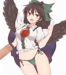  :d arm_cannon ass_visible_through_thighs black_hair black_wings blush bow breasts cape center_frills commentary_request control_rod feathered_wings female frilled_shirt_collar frills green_bow green_panties green_ribbons hair_between_eyes hair_ribbon hairbow highres index_finger_raised long_hair looking_at_viewer medium_breasts miyo_(ranthath) navel no_pants panties ponytail puffy_short_sleeves puffy_sleeves red_eyes reiuji_utsuho ribbon shirt short_sleeves side-tie_panties simple_background smile solo string_panties third_eye touhou underwear weapon white_background white_shirt wings 