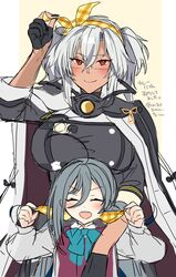  2girls absurdres ahoge black_gloves breasts closed_eyes cowboy_shot dark-skinned_female dark_skin gloves grey-framed_eyewear grey_hair hair_ribbon half_gloves halterneck highres kantai_collection kiyoshimo_(kancolle) large_breasts looking_at_viewer low_twintails multiple_girls musashi_(kancolle) musashi_kai_ni_(kancolle) partially_fingerless_gloves plaid plaid_ribbon red_eyes ribbon sakuramon school_swimsuit shirt smile swimsuit twintails upper_body white_shirt yellow_ribbon yunamaro 