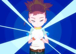  belt blue_background blue_eyes brown_hair digimon digimon_tamers female looking_at_viewer makino_ruki ponytail raglan_sleeves shinbiko shirt solo t-shirt 