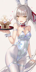  alternate_animal_ears animal_ears bad_id bad_twitter_id bare_shoulders bow bowtie breasts chest_jewel cleavage covered_navel cowboy_shot detached_collar facial_mark female grey_hair highleg highleg_leotard inoue_takuya_(tactactak) leotard long_hair medium_breasts nia_(blade)_(xenoblade) nia_(xenoblade) oversized_breast_cup pantyhose playboy_bunny rabbit_ears red_bow red_bowtie simple_background solo strapless strapless_leotard thigh_strap very_long_hair white_background white_pantyhose wrist_cuffs xenoblade_chronicles_(series) xenoblade_chronicles_2 yellow_eyes 