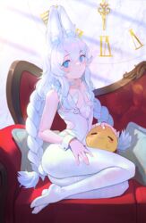  :3 animal_ears armchair azur_lane bare_arms blue_eyes blush braid breasts chair choker cleavage clock closed_mouth collarbone commentary cushion female flat_chest full_body highres le_malin_(azur_lane) le_malin_(listless_lapin)_(azur_lane) leotard light_particles light_smile long_hair looking_at_viewer no_shoes on_chair pantyhose rabbit_ears solo sunlight twin_braids vertigris white_choker white_hair white_leotard white_pantyhose wrist_cuffs 