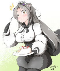  :t ^^^ animal_ears anteater_ears anteater_tail black_hair bow bowtie breast_pocket breasts bright_pupils brown_eyes cake center_frills closed_mouth commentary_request corset cowboy_shot eating female food food_on_face fork frills fur_sleeves giant_anteater_(kemono_friends) gloves grey_hair hair_ornament hand_up holding holding_fork holding_plate kemono_friends light_blush long_hair long_sleeves looking_at_viewer multicolored_hair pantyhose plate pocket puffy_long_sleeves puffy_sleeves shirt shorts solo surprised tail taurine_8000mg taut_clothes taut_shirt very_long_hair white_hair white_pupils wide-eyed 