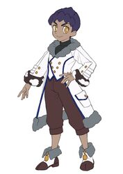  1boy alternate_costume bright_pupils brown_pants buttons capri_pants closed_mouth coat commentary_request dark-skinned_male dark_skin full_body fur_trim hand_on_own_hip highres hop_(pokemon) komame_(st_beans) long_sleeves male_focus pants pokemon pokemon_swsh protected_link purple_hair shirt shoes short_hair simple_background smile solo standing white_background white_coat white_pupils yellow_eyes 