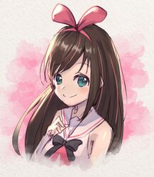  bare_shoulders black_bow blush bow brown_hair closed_mouth commentary_request detached_sleeves female green_eyes hair_ribbon hand_up highres kizuna_ai kizuna_ai_inc. long_hair long_sleeves masaki_(msk064) multicolored_hair pink_hair pink_ribbon ribbon shirt sleeveless sleeveless_shirt smile solo streaked_hair swept_bangs upper_body very_long_hair virtual_youtuber white_shirt white_sleeves 