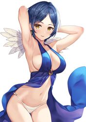  armpits arms_behind_head arms_up bikini blue_hair blush breasts cleavage collarbone commentary earrings feather_trim feathers female hamahama hayami_kanade highres idolmaster idolmaster_cinderella_girls jewelry looking_at_viewer medium_breasts navel parted_lips short_hair simple_background smile solo stomach swimsuit thighs white_background yellow_eyes 