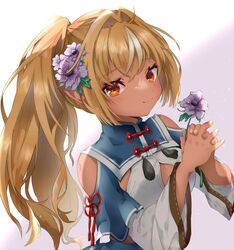  anemone_(flower) bad_id bad_twitter_id blonde_hair breasts cleavage cleavage_cutout clothing_cutout dark-skinned_female dark_skin elf female flower grey_flower hair_behind_ear hand_up holding holding_flower hololive interlocked_fingers long_hair looking_at_viewer mito_nosuke multicolored_hair orange_eyes own_hands_together pointy_ears ponytail purple_flower shiranui_flare shiranui_flare_(old_design) sidelocks smile solo streaked_hair upper_body virtual_youtuber wide_sleeves yellow_nails 