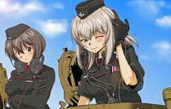  2girls ;) black_gloves black_headwear black_jacket blue_eyes blue_sky brown_eyes brown_hair closed_mouth cloud cloudy_sky commentary_request crossed_arms day dress_shirt garrison_cap girls_und_panzer gloves grey_hair half-closed_eye hand_on_headphones hat headphones insignia itsumi_erika jacket kuromorimine_military_uniform long_sleeves looking_at_viewer medium_hair military military_hat military_uniform multiple_girls nakamura_3sou nishizumi_maho one_eye_closed outdoors red_shirt shirt short_hair sky sleeves_rolled_up smile tank_cupola throat_microphone uniform wing_collar 