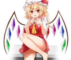  :d ascot bare_legs barefoot blonde_hair blush convenient_leg crystal female flandre_scarlet hair_between_eyes hands_up hat hat_ribbon highres kiui_(dagk8254) legs long_hair medium_hair mob_cap open_mouth red_eyes red_ribbon red_skirt red_vest ribbon shirt side_ponytail sitting skirt smile solo teeth thighs touhou upper_teeth_only upskirt vest white_hat white_shirt wings yellow_ascot 