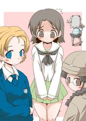  4girls black_footwear black_hair black_neckwear black_ribbon blouse blue_eyes blue_neckwear blue_shirt blue_sweater blush_stickers boko_(girls_und_panzer) braid brown_eyes brown_hair brown_jacket chi-hatan_military_uniform closed_mouth commentary dress_shirt emblem eyebrows_visible_through_hat facing_away flying_sweatdrops frown fukuda_haru girls_und_panzer glasses green_skirt grey_skirt hair_ribbon helmet holding holding_stuffed_toy jacket keizoku_school_uniform leotard long_hair long_sleeves looking_at_viewer looking_back military military_uniform miniskirt multiple_girls neckerchief necktie one_side_up ooarai_school_uniform orange_hair orange_pekoe_(girls_und_panzer) outside_border pantyhose parted_bangs pink_background pleated_skirt ribbon round_eyewear sailor_collar sawa_azusa school_uniform serafuku shadow shimada_arisu shirt shoes short_hair skirt smile st._gloriana&#039;s_(emblem) st._gloriana&#039;s_school_uniform standing striped_clothes striped_leotard striped_shirt stuffed_animal stuffed_toy sweatdrop sweater tied_hair twitter_username uniform v-neck v_arms vertical-striped_clothes vertical-striped_shirt white_sailor_collar white_shirt wing_collar zannen_na_hito 