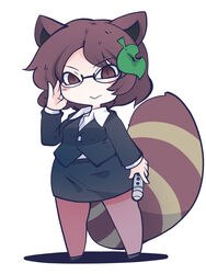  animal_ears black_skirt blush_stickers brown_eyes brown_hair chahan_(fried_rice0614) closed_mouth collared_shirt commentary_request female formal full_body futatsuiwa_mamizou glasses hair_ornament highres leaf_hair_ornament long_sleeves men_in_black mib_mamizou neuralyzer one-hour_drawing_challenge pantyhose pencil_skirt raccoon_ears raccoon_tail shirt short_hair simple_background skirt smile solo suit tail touhou urban_legend_in_limbo white_background white_shirt 