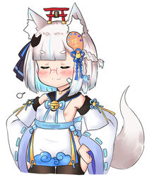  animal_ears bailingxiao_jiu bare_shoulders bell black_thighhighs blue_hair blue_ribbon blunt_bangs blush braid breasts chinese_commentary closed_eyes closed_mouth commentary cropped_legs detached_sleeves dress fang_out female fox_ears fox_girl fox_hair_ornament fox_tail glasses glowing hands_on_own_hips jingle_bell long_sleeves magatama magatama_hair_ornament multicolored_hair neck_ribbon oerba_yun_fang original red-framed_eyewear ribbon ribbon-trimmed_sleeves ribbon_trim short_eyebrows simple_background sleeveless sleeveless_dress small_breasts smile solo tail tail_raised thick_eyebrows thighhighs torii two-tone_hair white_background white_dress white_hair white_sleeves wide_sleeves 