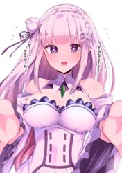  bare_shoulders blunt_bangs braid commentary_request crown_braid detached_sleeves dress emilia_(re:zero) female flower frilled_dress frilled_sleeves frills grey_hair hair_flower hair_ornament highres himiya_jouzu long_hair looking_at_viewer outstretched_arms partial_commentary purple_eyes re:zero_kara_hajimeru_isekai_seikatsu rose white_flower white_rose x_hair_ornament 