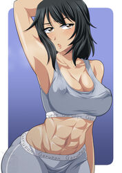  abs andou_(girls_und_panzer) arm_behind_head arm_up armpits artist_logo bike_shorts black_eyes black_hair blue_background blush breasts brown_eyes cleavage commentary covered_nipples cowboy_shot dark-skinned_female dark_skin female frown girls_und_panzer grey_shorts grey_sports_bra half-closed_eyes highres ichijou_takakiyo large_breasts looking_at_viewer medium_hair messy_hair muscular muscular_female navel open_mouth outside_border presenting_armpit rounded_corners shorts solo sports_bra standing 