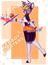  3:4 abstract_background accessory anthro antlers ass bell bell_bracelet bell_collar blonde_hair blue_eyes blush bottomwear bow_(feature) bow_accessory bow_ribbon butt_markings clothing collar crop_top damon_fallow deer english_text femboy femboy_hooters food_tray fur furgonomics hair hi_res hooters_uniform hooves horn hotpants looking_at_viewer male mammal markings momodesugart purple_body purple_fur rear_view ribbons shirt shorts solo tail tail_accessory tail_bow tail_ribbon tank_top text text_on_clothing text_on_shirt text_on_tank_top text_on_topwear topwear white_markings 