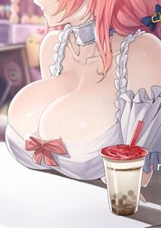  azur_lane bare_shoulders breast_rest breasts bubble_tea cleavage collar crossed_arms detached_sleeves female hair_ribbon large_breasts long_hair looking_to_the_side neck_ruff official_alternate_costume ootani_nonno pink_hair princeton_(azur_lane) princeton_(lolipop_paradise)_(azur_lane) ribbon sitting 