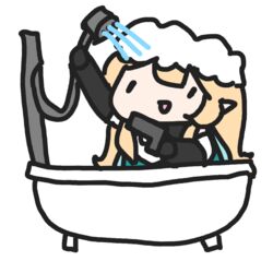  aiming arm_up bathtub black_gloves blonde_hair chibi claw_foot_bathtub clothed_bath elbow_gloves female gloves green_skirt gun hair_between_eyes handgun holding holding_gun holding_shower_head holding_weapon nijisanji nijisanji_en open_mouth pointy_ears pomu_rainpuff shirt shower_head showering skirt soap_bubbles solo transparent_background virtual_youtuber walfie water weapon white_shirt 