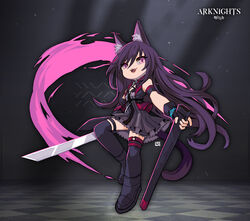  :d absurdres animal_ears arknights boots cat_ears cat_girl cat_tail dress fangs female full_body gloves hair_between_eyes highres holding holding_sword holding_weapon katana lataedelan long_hair looking_at_viewer melantha_(arknights) open_mouth purple_dress purple_eyes purple_footwear purple_gloves purple_hair sheath sleeveless sleeveless_dress smile solo sword tail thigh_boots thighhighs weapon 