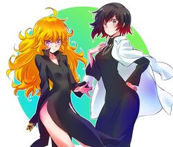  2girls ahoge alternate_breast_size black_dress black_hair blonde_hair commentary_request cosplay dress fubuki_(one-punch_man) fubuki_(one-punch_man)_(cosplay) gradient_hair grey_eyes hayami_saori highres iesupa long_hair multicolored_hair multiple_girls one-punch_man prosthesis prosthetic_arm purple_eyes red_hair ruby_rose rwby short_hair siblings sisters tatsumaki tatsumaki_(cosplay) two-tone_hair voice_actor_connection wavy_hair yang_xiao_long 