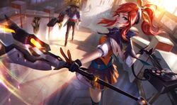  2boys badge bag battle_academia_(league_of_legends) battle_academia_ezreal battle_academia_jayce battle_academia_lux black_thighhighs blue_eyes breasts button_badge chengwei_pan closed_mouth cowboy_shot ezreal female gloves hair_ornament hair_tie hairclip highres holding indoors jayce_(league_of_legends) league_of_legends light_rays long_hair looking_at_viewer lux_(league_of_legends) multiple_boys official_alternate_costume official_alternate_hairstyle official_art peeping pleated_skirt ponytail red_hair scenery school_bag school_uniform short_sleeves skirt smile staff stairs standing sunbeam sunlight thighhighs uniform wand weapon window 