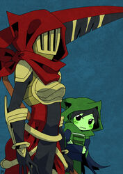  armor black_hair blue_background blush book breastplate cloak dark_acolyte_(shovel_knight) faceless_female female green_hood green_skin holding holding_object hood male mask red_hood rule_63 sachy_(sachichy) scythe shovel_knight size_difference specter_knight tied_up video_games weapon 