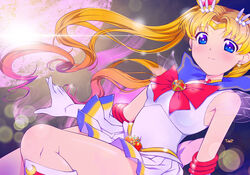  bishoujo_senshi_sailor_moon bishoujo_senshi_sailor_moon_s blonde_hair blue_eyes blue_sailor_collar blush boots bow brooch choker circlet closed_mouth commentary_request cosmic_heart_compact elbow_gloves female gloves hair_bun hair_ornament hairpin heart heart_brooch heart_choker highres himehachi_(hime8manga) jewelry knee_boots long_hair looking_at_viewer magical_girl moon multicolored_clothes multicolored_skirt parted_bangs pleated_skirt red_bow red_footwear sailor_collar sailor_moon sailor_senshi_uniform signature single_hair_bun skirt smile solo super_sailor_moon tsukino_usagi twintails white_gloves yellow_choker 