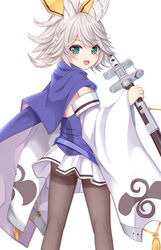  :d azur_lane blue_cape blue_shirt blush brown_pantyhose cape commentary_request detached_sleeves female green_eyes grey_hair hair_between_eyes hair_ribbon holding holding_sheath katana kitakaze_(azur_lane) long_sleeves looking_at_viewer looking_back multicolored_cape multicolored_clothes open_mouth pantyhose photoshop_(medium) pleated_skirt revision ribbon sheath sheathed shirt simple_background skirt sleeves_past_wrists smile solo standing sword thighband_pantyhose tukino_neru weapon white_background white_cape white_skirt white_sleeves wide_sleeves yellow_ribbon 