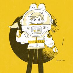  astronaut black_eyes commentary crater expressionless feet_out_of_frame female flag halftone helmet highres holding holding_flag keke_(kotowari) long_sleeves looking_at_viewer monochrome moon no_nose original solo space_helmet spacesuit standing symbol-only_commentary yellow_background yellow_theme 