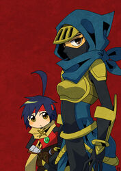  1boy armor bag belt black_hair blush breastplate brown_eyes cape eyebrows eyelashes face_mask female female hand_on_hip headband hood looking_at_viewer male mask pauldrons red_background red_headband red_shirt reize_seatlan rule_63 sachy_(sachichy) shovel_knight size_difference skin_tight specter_knight tied_up video_games young 