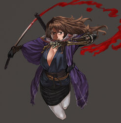  ashigara_(kancolle) blood blood_on_weapon blood_splatter breasts brown_eyes brown_hair burn_scar cleavage commentary_request cosplay female fighting_stance graphite_(medium) grey_background kantai_collection large_breasts long_hair looking_at_viewer md5_mismatch mechanical_arms ninja ninjatou no_bra pantyhose photoshop_(medium) prosthesis prosthetic_arm reverse_grip sakamoto_kengo scabbard scar scar_across_eye scar_on_face sekiro sekiro:_shadows_die_twice sekiro_(cosplay) sheath short_sword single_mechanical_arm solo sword traditional_media weapon white_pantyhose 