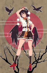  absurdres arm_up belt bird black_belt black_hair black_ribbon black_skirt black_socks black_wings brown_background camera chinese_commentary commentary crow feathered_wings female full_body geta grin hat head_tilt highres holding holding_camera kneehighs leaf_print looking_at_viewer miniskirt neck_ribbon outline petticoat pointy_ears pom_pom_(clothes) puffy_short_sleeves puffy_sleeves red_eyes red_footwear ribbon shameimaru_aya shirt short_hair short_sleeves sidelocks skirt smile socks solo tassel tengu-geta thighs tokin_hat touhou tuck_(tuck23978434) white_outline white_shirt wing_collar wings 