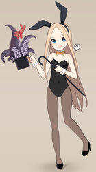  :d ? abigail_williams_(fate) animal_ears bad_id bad_pixiv_id bare_shoulders beige_background bell_(oppore_coppore) black_hat black_leotard blonde_hair blue_eyes blush bow bowtie breasts cane commentary_request covered_navel detached_collar fake_animal_ears fate/grand_order fate_(series) female forehead full_body hand_up hat high_heels highres legs leotard long_hair looking_at_viewer open_mouth orange_bow pantyhose parted_bangs petite playboy_bunny rabbit_ears simple_background small_breasts smile solo spoken_question_mark standing standing_on_one_leg stuffed_animal stuffed_toy teddy_bear tentacle top_hat very_long_hair wrist_cuffs 