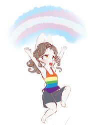  2019 5_fingers alasou alissa_(alasou) anthro bent_legs brown_hair clothed clothing digital_media_(artwork) extended_arms female fingers hair hi_res lagomorph leporid lgbt_pride mammal multicolored_clothing multicolored_shirt multicolored_tank_top multicolored_topwear pattern_clothing pride_color_background pride_color_clothing pride_color_shirt pride_color_tank_top pride_color_topwear pride_colors rabbit rainbow_clothing rainbow_pride_clothing rainbow_pride_colors rainbow_shirt rainbow_symbol rainbow_topwear raised_arms raised_hand shirt simple_background six-stripe_rainbow_pride_colors smile solo striped_clothing stripes tank_top topwear transgender_pride_colors yellow_eyes 