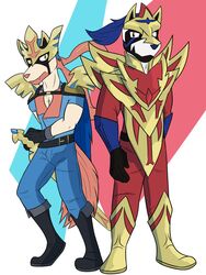  2019 3:4 abstract_background anthro anthrofied boots bottomwear canid canine clothed clothing crowned_shield_zamazenta crowned_sword_zacian duo footwear full-length_portrait fully_clothed fur fuze generation_8_pokemon hi_res holding_melee_weapon holding_object holding_sword holding_weapon legendary_pokemon male mammal melee_weapon nintendo pants pokemon pokemon_(species) pokemorph portrait red_eyes shirt standing sword topwear weapon white_body white_fur yellow_eyes zacian zamazenta 