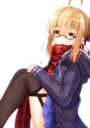  absurdres ahoge artoria_pendragon_(fate) black-framed_eyewear black_ribbon black_thighhighs blonde_hair blue_coat blue_skirt coat commentary_request fate/grand_order fate_(series) female from_side garter_straps glasses hair_ribbon hand_on_own_knee highres hood hood_down hooded_coat looking_at_viewer miniskirt mitsu336 mysterious_heroine_x_alter_(fate) mysterious_heroine_x_alter_(first_ascension)_(fate) open_clothes open_coat plaid plaid_scarf pleated_skirt red_scarf ribbon scarf semi-rimless_eyewear sidelocks simple_background sitting skirt solo thighhighs tied_hair under-rim_eyewear white_background yellow_eyes 