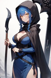  ai_generated bennia_orcus big_breasts bladed_weapon blue_dress blue_hair braided_hair breasts_squeezed_together cape cloak curled_hair grim_reaper high_school_dxd long_bangs outfit_variant tight_dress top_heavy_breasts yellow_eyes 