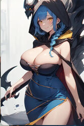  ai_generated bennia_orcus bladed_weapon blue_dress blue_hair braided_hair breasts_squeezed_together cape cloak grim_reaper high_school_dxd long_bangs massive_breasts outfit_variant skull_hair_ornament squeezed tight_dress top_heavy_breasts yellow_eyes 